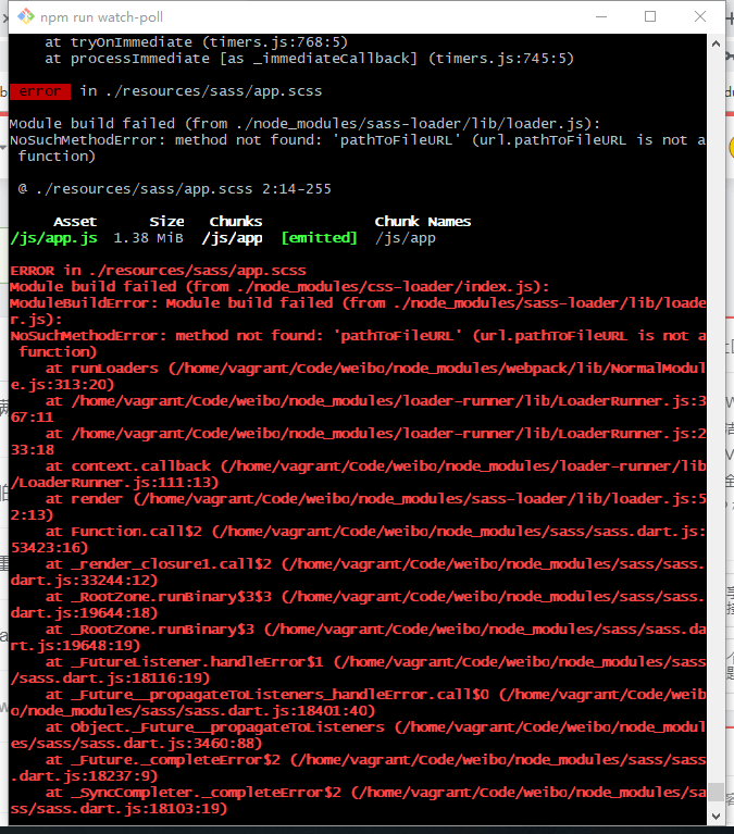 找一天了还是没找到解决的办法 error  in ./resources/sass/app.scss  Module build failed (from ./node_modules/sass-loader/lib/loader.js): NoSuchMethodError: method not found: 'pathToFileURL' (url.pathToFileURL is not a function)