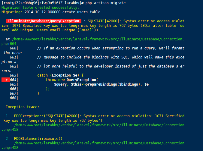 执行php artisan migrate 时报长度错误的解决办法？