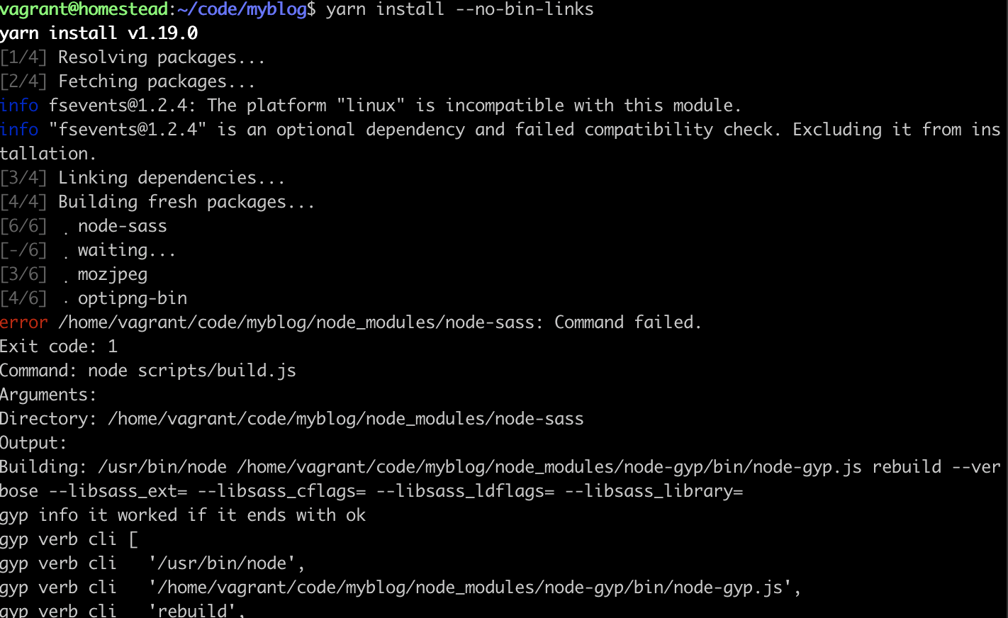 yarn install --no-bin-links 报错 node_modules\node sass:Command failed