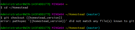 laravel开发环境部署 安装  Homestead  报错 error: pathspec '{{homestead_version}}' did not match any file(s) known to git