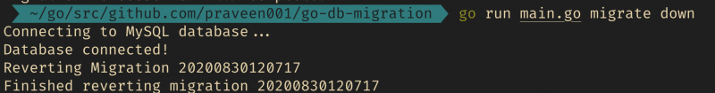 output of migration down command