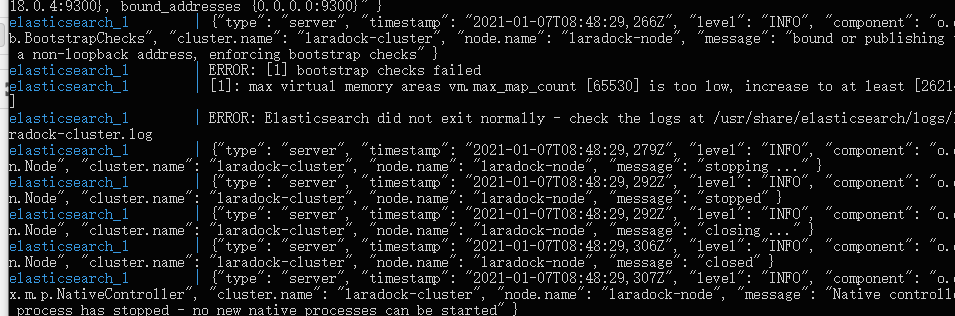 laradock安装Elasticsearch启动报max virtual memory areas vm.max_map_count [65530] is too low