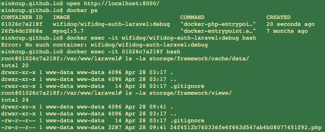 Laravel Docker storage cache 目录写入失败，而 views 成功，已检查相同权限