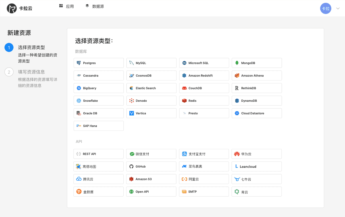 卡拉雲可一鍵接入常見的資料庫及 API