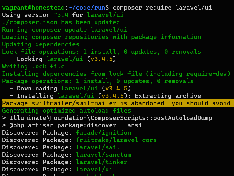 Laravel 執行使用者認證腳手架命令 報錯 `There are no commands defined in the "ui" namespace.` 解決