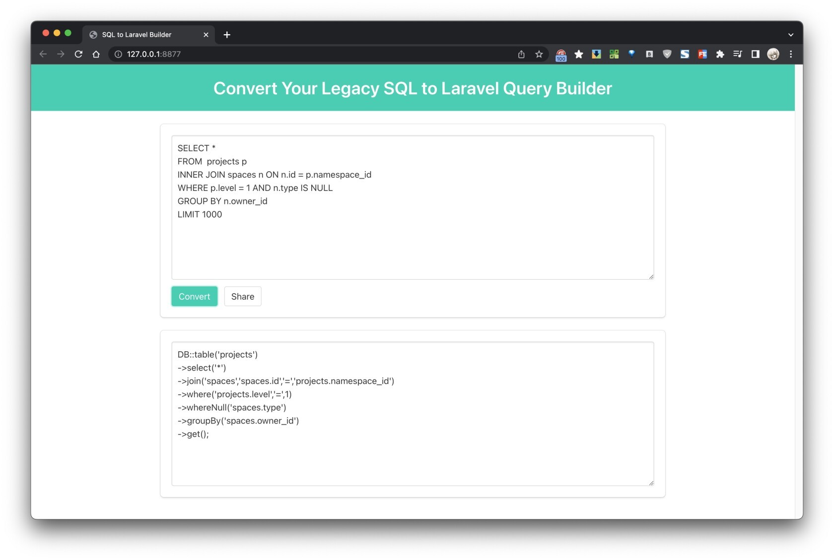 将 SQL转换成 Laravel Query Builder 代码