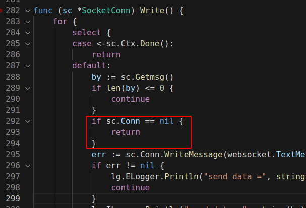 判断 websocket.conn == nil 时进行 continue，程序为什么还会继续往下走呢
