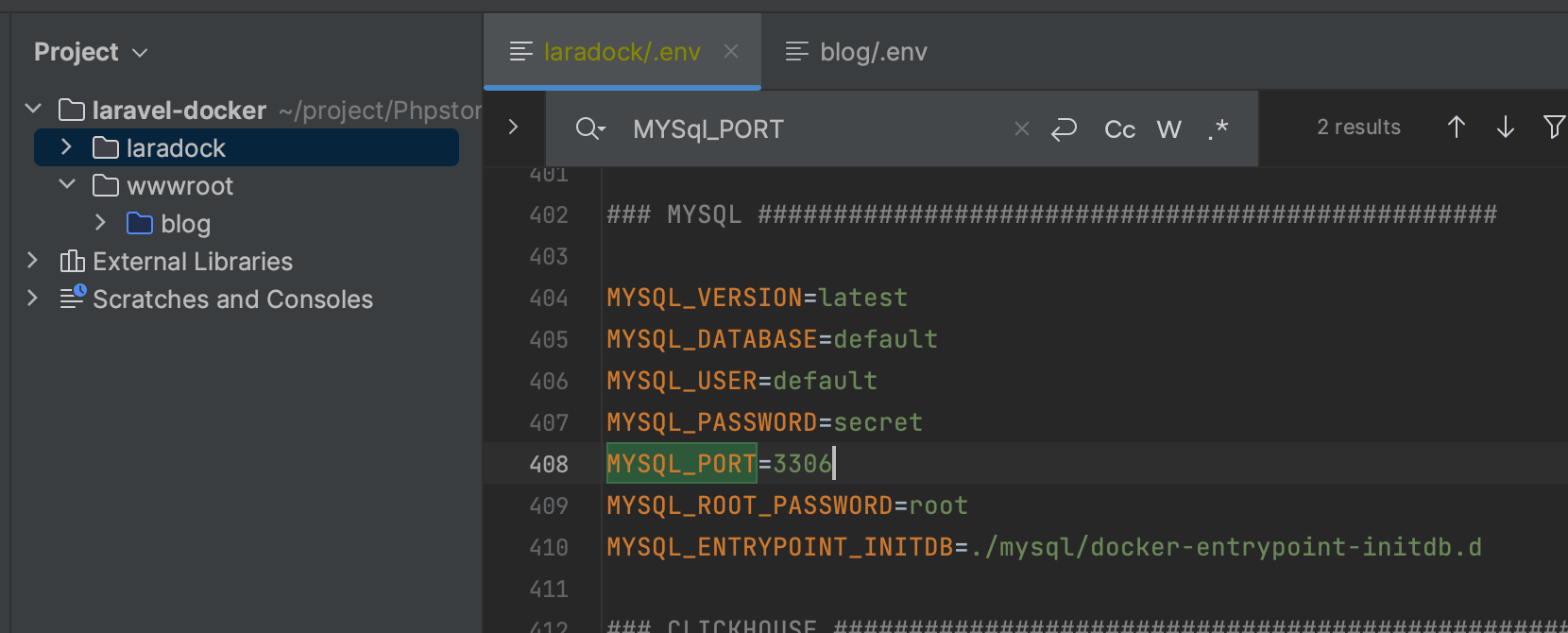 laradock 中的mysql 失败，错误原因 RROR 1045 (28000): Access denied for user 'root'@'localhost' (using password: YES)
