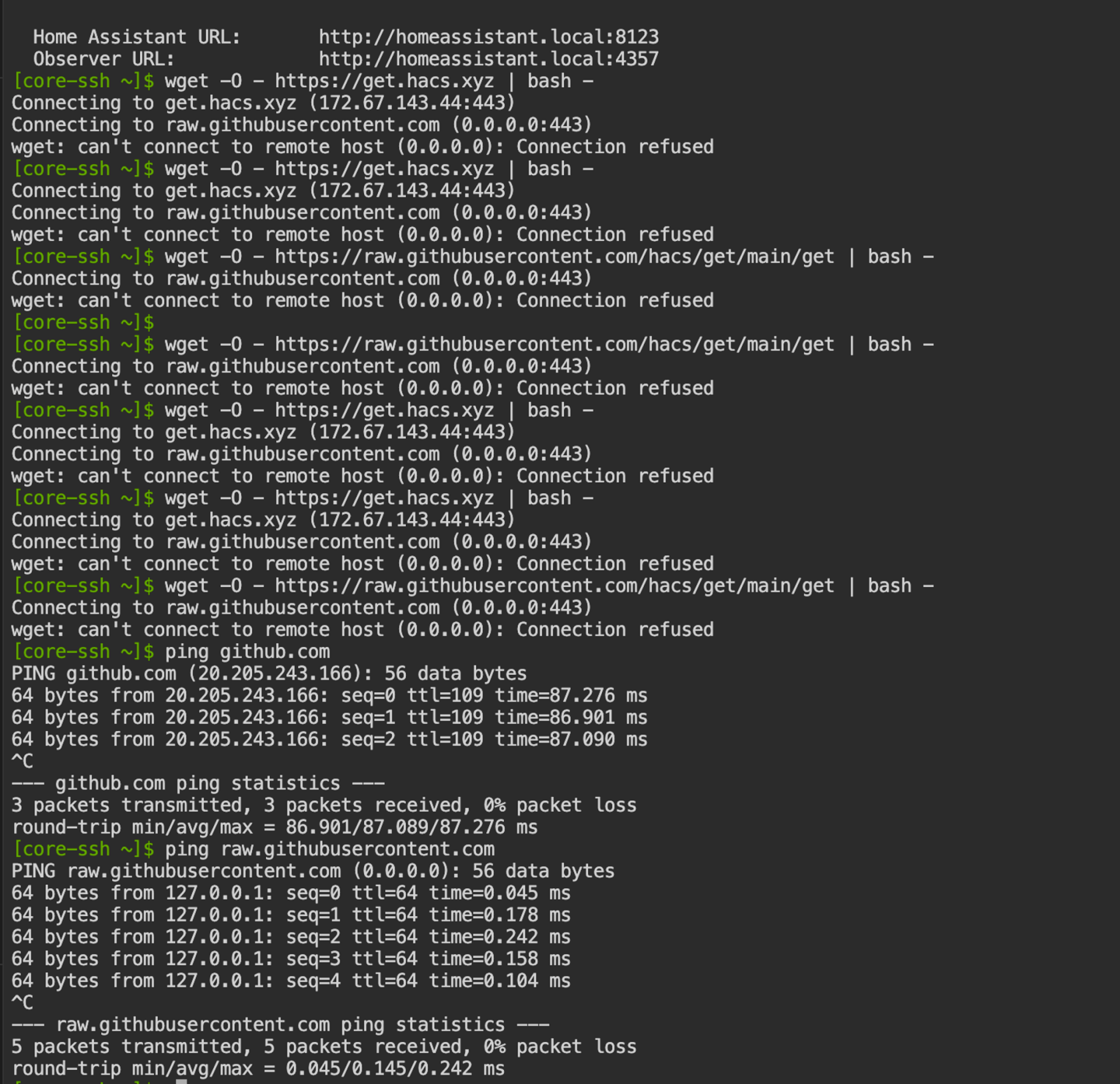 VirtualBox 安装的 Home Assistan 中使用 Terminal 安装 HACS 时报错 connection refused